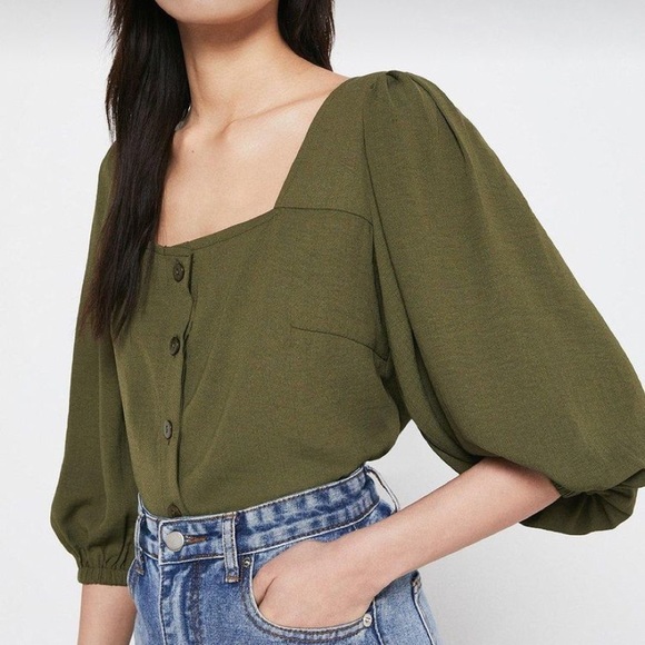 FAVLUX Tops - Favlux square neck puff sleeve button down blouse size M